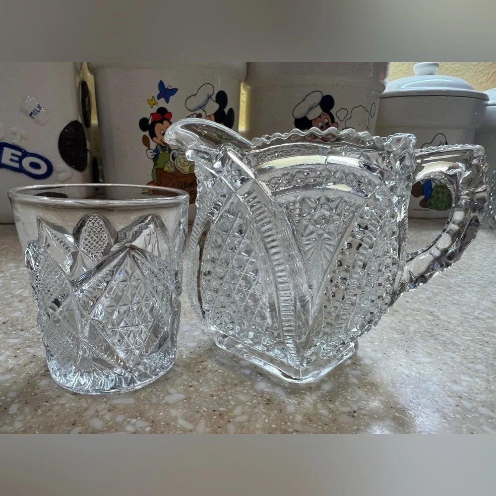 Vintage Clear Cut Glass Creamer and Toothpick Holder